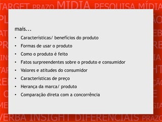 TARGET PRAZO MÍDIA PESQUISA MÍDIA
PLANEJAMENTO PRODUÇÃO CRIAÇÃO
                      CLIENTE
   mais...
ATENDIMENTO benefícios do produto MERCADO WEB
   • Características/

PROBLEMA OBJETIVOS ESTRATÉGIA VERB
     • Formas de usar o produto

             DIFERENCIAIS consumidor
     • Como o produto é feito
 INSIGHTS surpreendentes sobre o produto e CONCORRÊNCIA
     • Fatos

TARGET PRAZO MÍDIA PESQUISA
    • Valores e atitudes do consumidor   INSIGHT
REFERÊNCIA PLANEJAMENTO PRODUÇÃO
     • Características de preço
   • Herança da marca/ produto
   • Comparação direta ATENDIMENTO CLIENTE
 CRIAÇÃO WEB com a concorrência
MERCADO PROBLE OBJETIVOS ESTRATÉGIA
VERBA INSIGHT DIFERENCIAIS PRAZO
 