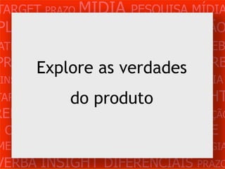 TARGET PRAZO MÍDIA PESQUISA MÍDIA
PLANEJAMENTO PRODUÇÃO CRIAÇÃO
ATENDIMENTO CLIENTE MERCADO WEB
PROBLEMA OBJETIVOS ESTRATÉGIA VERB
        Explore as verdades
 INSIGHTS DIFERENCIAIS CONCORRÊNCIA
TARGET   PRAZO   MÍDIA PESQUISA INSIGHT
                 do produto
REFERÊNCIA PLANEJAMENTO PRODUÇÃO
 CRIAÇÃO WEB ATENDIMENTO CLIENTE
MERCADO PROBLE OBJETIVOS ESTRATÉGIA
VERBA INSIGHT DIFERENCIAIS PRAZO
 