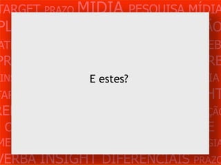 TARGET PRAZO MÍDIA PESQUISA MÍDIA
PLANEJAMENTO PRODUÇÃO CRIAÇÃO
ATENDIMENTO CLIENTE MERCADO WEB
PROBLEMA OBJETIVOS ESTRATÉGIA VERB
 INSIGHTS DIFERENCIAIS CONCORRÊNCIA
                E estes?
TARGET   PRAZO   MÍDIA   PESQUISA   INSIGHT
REFERÊNCIA PLANEJAMENTO PRODUÇÃO
 CRIAÇÃO WEB ATENDIMENTO CLIENTE
MERCADO PROBLE OBJETIVOS ESTRATÉGIA
VERBA INSIGHT DIFERENCIAIS PRAZO
 