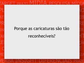 TARGET PRAZO MÍDIA PESQUISA MÍDIA
PLANEJAMENTO PRODUÇÃO CRIAÇÃO
ATENDIMENTO CLIENTE MERCADO WEB
PROBLEMA OBJETIVOS ESTRATÉGIA VERB
 INSIGHTS DIFERENCIAIS CONCORRÊNCIA
        Porque as caricaturas são tão
TARGET   PRAZO   MÍDIA PESQUISA INSIGHT
                  reconhecíveis?
REFERÊNCIA PLANEJAMENTO PRODUÇÃO
 CRIAÇÃO WEB ATENDIMENTO CLIENTE
MERCADO PROBLE OBJETIVOS ESTRATÉGIA
VERBA INSIGHT DIFERENCIAIS PRAZO
 