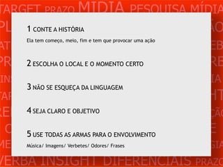 TARGET PRAZO MÍDIA PESQUISA MÍDIA
PLANEJAMENTO PRODUÇÃO CRIAÇÃO
    1 CONTE A HISTÓRIA

ATENDIMENTO CLIENTE MERCADO WEB
       Ela tem começo, meio, fim e tem que provocar uma ação



PROBLEMA LOCAL E O MOMENTO CERTO
      2 ESCOLHA O OBJETIVOS ESTRATÉGIA VERB
 INSIGHTS DIFERENCIAIS CONCORRÊNCIA
     3 NÃO SE ESQUEÇA DA LINGUAGEM
TARGET PRAZO           MÍDIA    PESQUISA                       INSIGHT
REFERÊNCIA OBJETIVO
    4 SEJA CLARO E PLANEJAMENTO PRODUÇÃO

 CRIAÇÃO WEB ATENDIMENTO CLIENTE
    5 USE TODAS AS ARMAS PARA O ENVOLVIMENTO
    Música/ PROBLE            OBJETIVOS ESTRATÉGIA
MERCADOImagens/ Verbetes/ Odores/ Frases
VERBA INSIGHT DIFERENCIAIS PRAZO
 