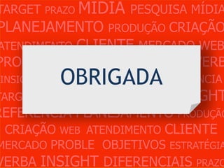 TARGET PRAZO MÍDIA PESQUISA MÍDIA
PLANEJAMENTO PRODUÇÃO CRIAÇÃO
ATENDIMENTO CLIENTE MERCADO WEB
PROBLEMA OBJETIVOS ESTRATÉGIA VERB
             OBRIGADA
 INSIGHTS DIFERENCIAIS CONCORRÊNCIA
TARGET   PRAZO   MÍDIA   PESQUISA   INSIGHT
REFERÊNCIA PLANEJAMENTO PRODUÇÃO
 CRIAÇÃO WEB ATENDIMENTO CLIENTE
MERCADO PROBLE OBJETIVOS ESTRATÉGIA
VERBA INSIGHT DIFERENCIAIS PRAZO
 