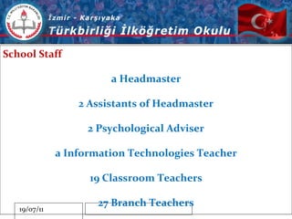 School Staff  a Headmaster 2 Assistants of Headmaster 2 Psychological Adviser a Information Technologies Teacher 19 Classroom Teachers 27 Branch Teachers 
