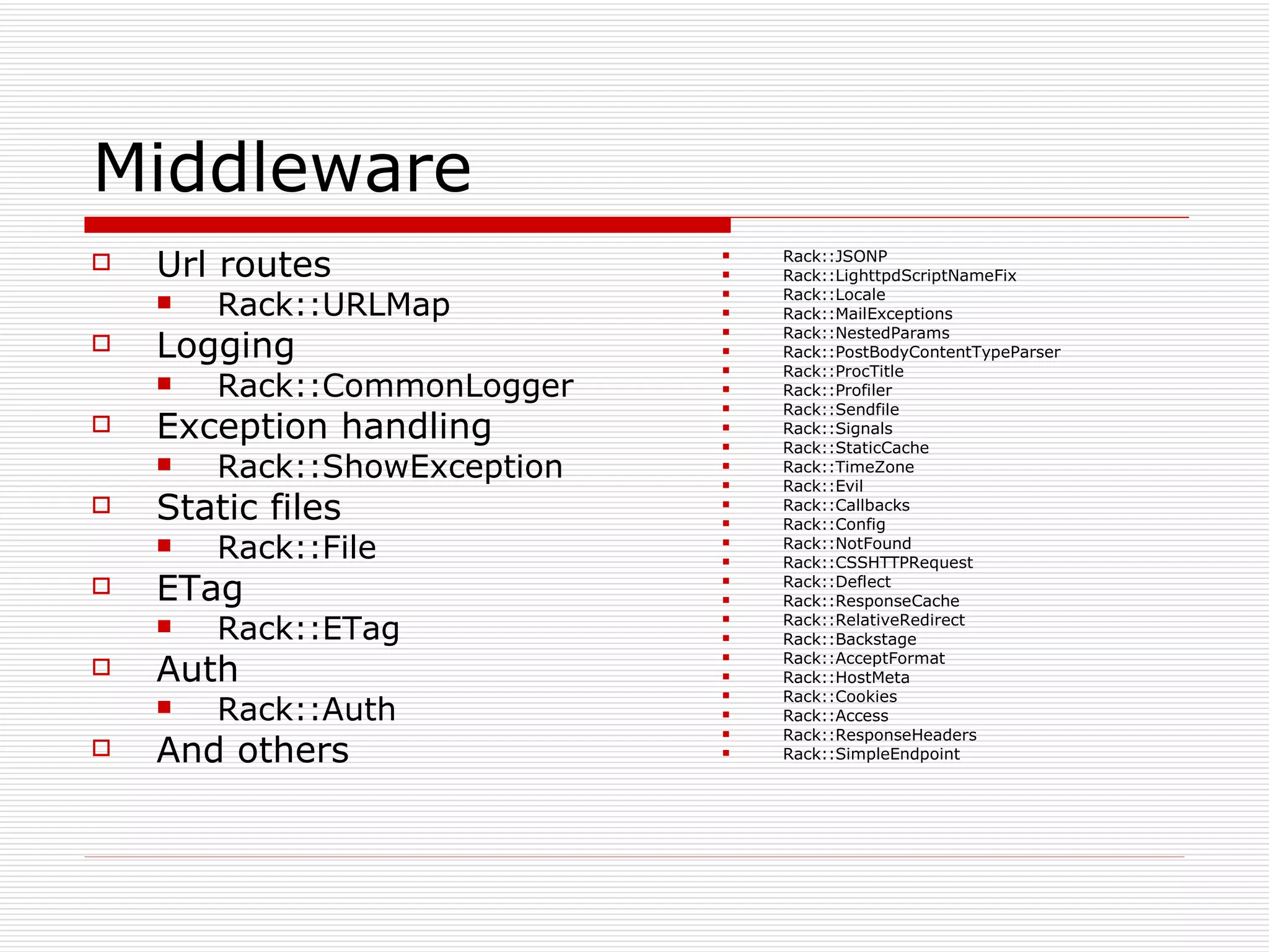 Middleware Url routes Rack::URLMap Logging Rack::CommonLogger Exception handling Rack::ShowException Static files Rack::File ETag Rack::ETag Auth Rack::Auth And others Rack::JSONP Rack::LighttpdScriptNameFix  Rack::Locale Rack::MailExceptions Rack::NestedParams  Rack::PostBodyContentTypeParser Rack::ProcTitle  Rack::Profiler Rack::Sendfile  Rack::Signals  Rack::StaticCache Rack::TimeZone  Rack::Evil  Rack::Callbacks Rack::Config Rack::NotFound Rack::CSSHTTPRequest Rack::Deflect Rack::ResponseCache  Rack::RelativeRedirect Rack::Backstage Rack::AcceptFormat Rack::HostMeta Rack::Cookies  Rack::Access  Rack::ResponseHeaders  Rack::SimpleEndpoint 