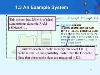 17
1.3 An Example System
… and two levels of cache memory, the level 1 (L1)
cache is smaller and (probably) faster than the L2 cache.
Note that these cache sizes are measured in KB.
This system has 256MB of (fast)
synchronous dynamic RAM
(SDRAM) . . .
 