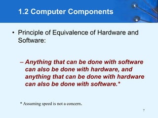 7
1.2 Computer Components
• Principle of Equivalence of Hardware and
Software:
– Anything that can be done with software
can also be done with hardware, and
anything that can be done with hardware
can also be done with software.*
* Assuming speed is not a concern.
 