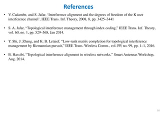 18
References
• V. Cadambe, and S. Jafar, ‘Interference alignment and the degrees of freedom of the K user
interference channel’, IEEE Trans. Inf. Theory, 2008, 8, pp. 3425–3441
• S. A. Jafar, “Topological interference management through index coding,” IEEE Trans. Inf. Theory,
vol. 60, no. 1, pp. 529–568, Jan 2014.
• Y. Shi, J. Zhang, and K. B. Letaief, “Low-rank matrix completion for topological interference
management by Riemannian pursuit,” IEEE Trans. Wireless Comm., vol. PP, no. 99, pp. 1–1, 2016.
• B. Hassibi, “Topological interference alignment in wireless networks,” Smart Antennas Workshop,
Aug. 2014.
 
