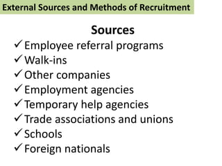External Sources and Methods of Recruitment
Sources
Employee referral programs
Walk-ins
Other companies
Employment agencies
Temporary help agencies
Trade associations and unions
Schools
Foreign nationals
 