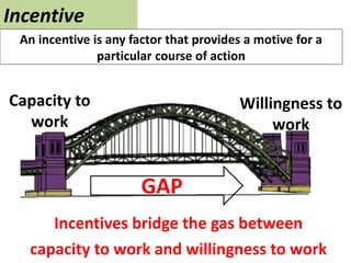 Incentive
An incentive is any factor that provides a motive for a
particular course of action
Incentives bridge the gas between
capacity to work and willingness to work
Capacity to
work
Willingness to
work
GAP
 