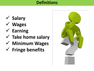  Salary
 Wages
 Earning
 Take home salary
 Minimum Wages
 Fringe benefits
Definitions
 