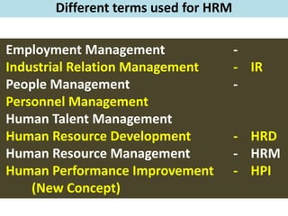 Employment Management -
Industrial Relation Management - IR
People Management -
Personnel Management
Human Talent Management
Human Resource Development - HRD
Human Resource Management - HRM
Human Performance Improvement - HPI
(New Concept)
Different terms used for HRM
 