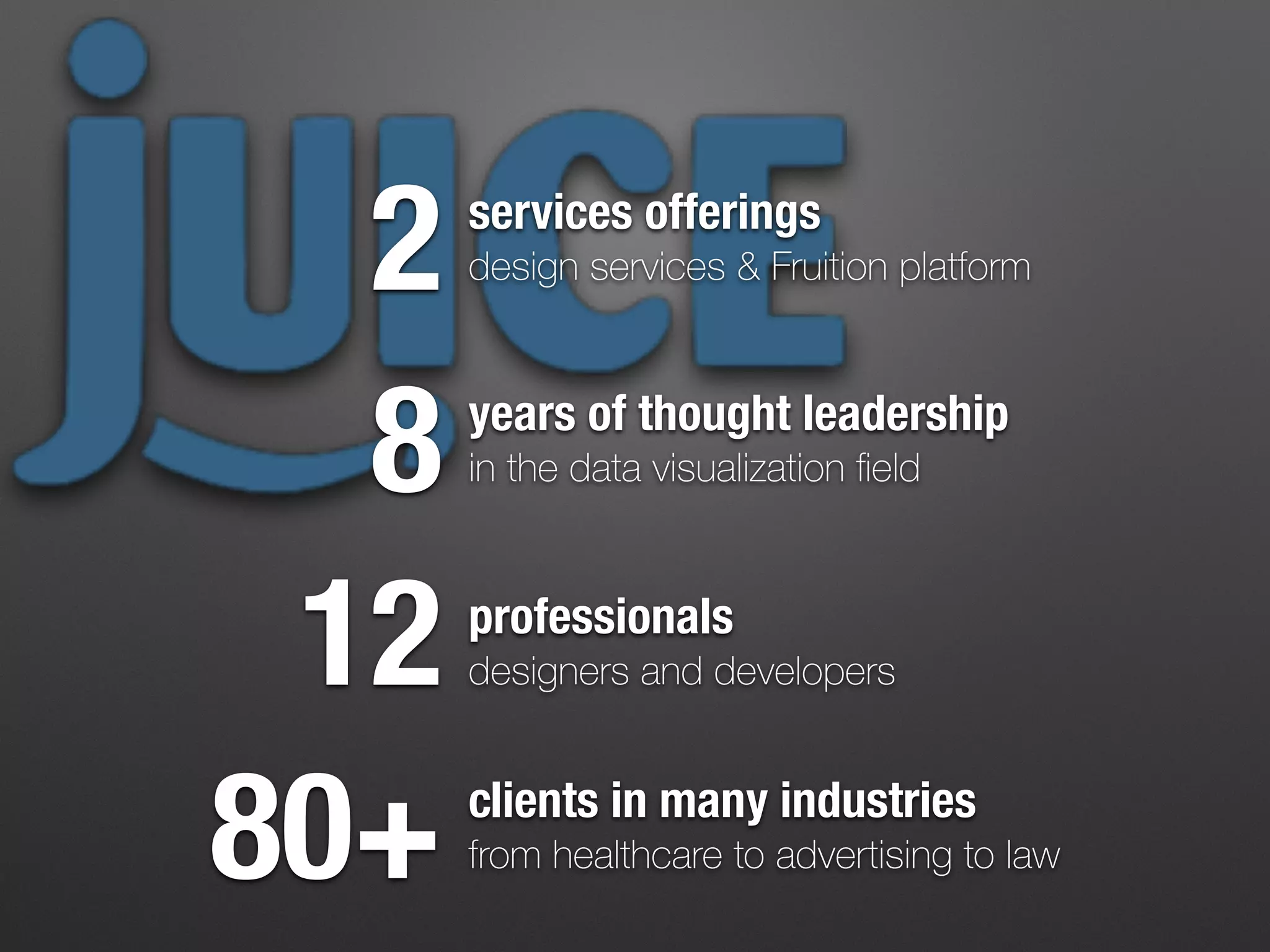 8 years of thought leadership
in the data visualization ﬁeld
12 professionals
designers and developers
80+ clients in many industries
from healthcare to advertising to law
2 services offerings
design services & Fruition platform
 