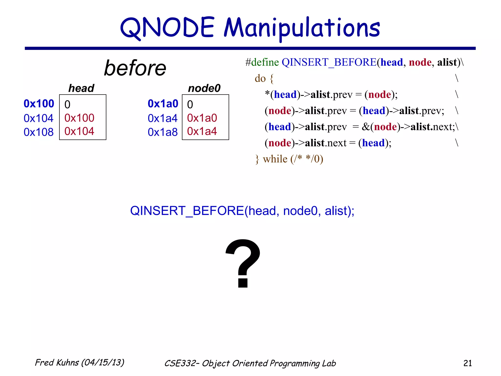 21Fred Kuhns (04/15/13) CSE332– Object Oriented Programming Lab
#define QINSERT_BEFORE(head, node, alist)
do { 
*(head)->alist.prev = (node); 
(node)->alist.prev = (head)->alist.prev; 
(head)->alist.prev = &(node)->alist.next;
(node)->alist.next = (head); 
} while (/* */0)
QNODE Manipulations
0x100 0
0x100
0x104
head
0x104
0x108
0x1a0 0
0x1a0
0x1a4
node0
0x1a4
0x1a8
QINSERT_BEFORE(head, node0, alist);
?
before
 