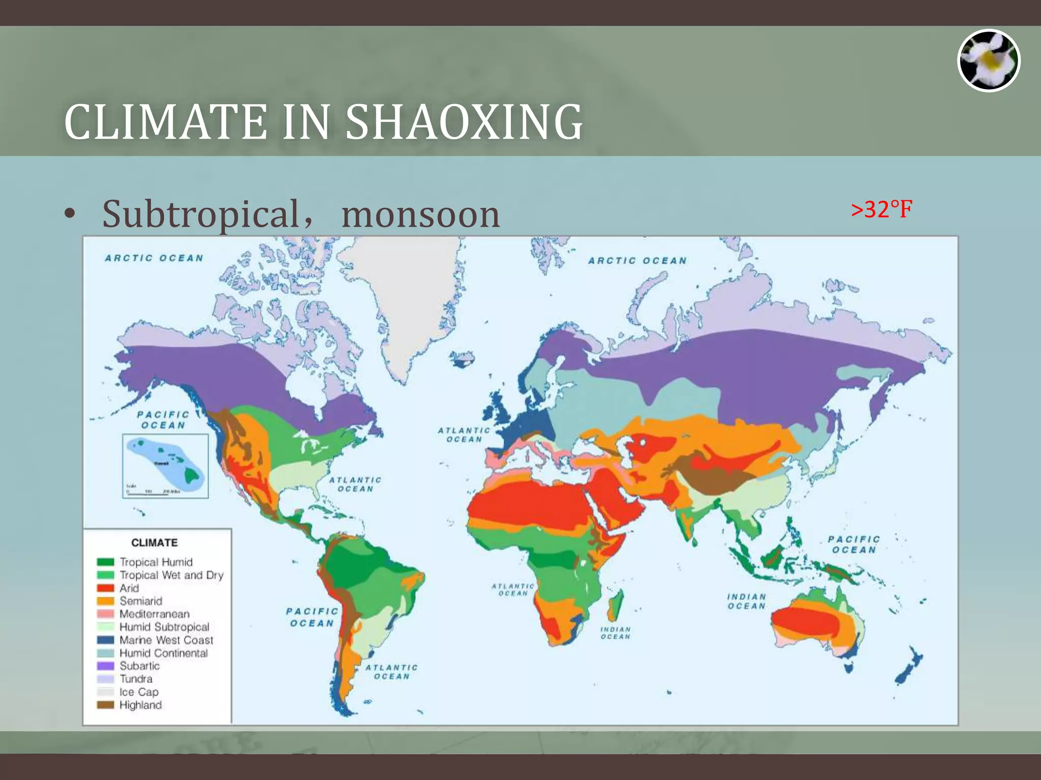 CLIMATE IN SHAOXING
• Subtropical，monsoon >32℉
 