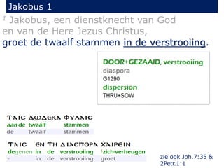 Jakobus 1 
1 Jakobus, een dienstknecht van God 
en van de Here Jezus Christus, 
groet de twaalf stammen in de verstrooiing. 
zie ook Joh.7:35 & 
2Petr.1:1 
 