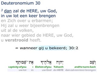 Deuteronomium 30 
3 dan zal de HERE, uw God, 
in uw lot een keer brengen 
en Zich over u erbarmen; 
Hij zal u weer bijeenbrengen 
uit al de volken, 
naar wier gebied de HERE, uw God, 
u verstrooid heeft. 
 