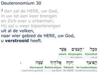 Deuteronomium 30 
3 dan zal de HERE, uw God, 
in uw lot een keer brengen 
en Zich over u erbarmen; 
Hij zal u weer bijeenbrengen 
uit al de volken, 
naar wier gebied de HERE, uw God, 
u verstrooid heeft. 
 