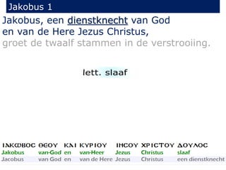 Jakobus 1 
Jakobus, een dienstknecht van God 
en van de Here Jezus Christus, 
groet de twaalf stammen in de verstrooiing. 
 