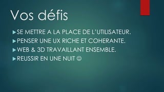 Vos défis
SE METTRE A LA PLACE DE L’UTILISATEUR.
PENSER UNE UX RICHE ET COHERANTE.
WEB & 3D TRAVAILLANT ENSEMBLE.
REUSSIR EN UNE NUIT 
 