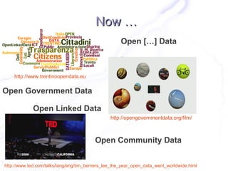 Now …
                                                     Open […] Data



    http://www.trentinoopendata.eu

Open Government Data

             Open Linked Data
                                                http://opengovernmentdata.org/film/



                                         Open Community Data


http://www.ted.com/talks/lang/eng/tim_berners_lee_the_year_open_data_went_worldwide.html
 