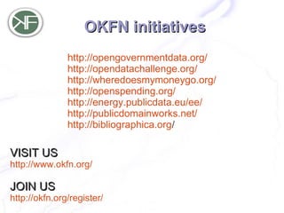 OKFN initiatives
               http://opengovernmentdata.org/
               http://opendatachallenge.org/
               http://wheredoesmymoneygo.org/
               http://openspending.org/
               http://energy.publicdata.eu/ee/
               http://publicdomainworks.net/
               http://bibliographica.org/

VISIT US
http://www.okfn.org/

JOIN US
http://okfn.org/register/
 
