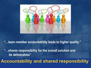 Accountability and shared responsibility
“…team member accountability leads to higher quality.”
“…shares responsibility for the overall solution and
its deliverables”
 