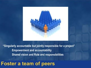 “Singularly accountable but jointly responsible for a project”
Empowerment and accountability
Shared vision and Role and responsibilities
Foster a team of peers
 