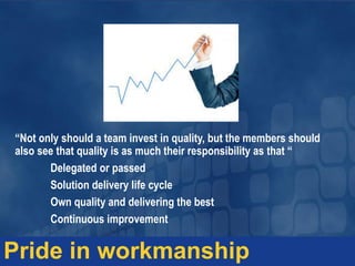 “Not only should a team invest in quality, but the members should
also see that quality is as much their responsibility as that “
Delegated or passed
Solution delivery life cycle
Own quality and delivering the best
Continuous improvement
Pride in workmanship
 