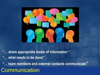 “… share appropriate levels of information “
“… what needs to be done”
“… team members and external contacts communicate”
Communication
 