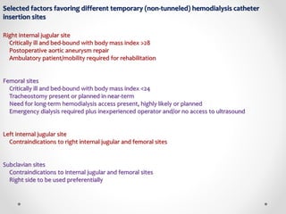 Selected factors favoring different temporary (non-tunneled) hemodialysis catheter
insertion sites
Right internal jugular site
Critically ill and bed-bound with body mass index >28
Postoperative aortic aneurysm repair
Ambulatory patient/mobility required for rehabilitation
Femoral sites
Critically ill and bed-bound with body mass index <24
Tracheostomy present or planned in near-term
Need for long-term hemodialysis access present, highly likely or planned
Emergency dialysis required plus inexperienced operator and/or no access to ultrasound
Left internal jugular site
Contraindications to right internal jugular and femoral sites
Subclavian sites
Contraindications to internal jugular and femoral sites
Right side to be used preferentially
 