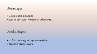Advantages :
Gives stable emulsion.
Works best with nonionic surfactants.
Disadvantages :
HLB is only a good approximation.
 Doesn’t always work.
 