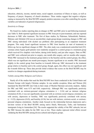 Religions 2011, 2 68
education, ethnicity, income, marital status, social support, occurrence of illness or injury, as well as
frequency of prayer, frequency of church attendance. These studies suggest that negative religious
coping as measured by the Brief RCOPE uniquely predicts outcomes even after controlling for secular
variables and indicators of general religiousness.
Sensitivity to Change
We found two studies reporting data on changes in PRC and NRC prior to and following treatment
(see Table 5). Both reported significant increases in PRC from pre to post-treatment, and one reported
decreases in NRC after treatment. The first of these studies, by Piderman, Schneekloth, Pankratz,
Maloney and Altchuler [34] was an uncontrolled, single-group design examining changes in PRC and
NRC among individuals with alcohol use problems after participating in an outpatient treatment
program. This study found significant increases in PRC from baseline (at start of treatment) to
follow-up, but no significant changes in NRC. The other study was a randomized controlled trial [53]:
coronary artery bypass graft patients were randomly assigned to a control group or a treatment group
which received five chaplain visits before, during (with family), and just after surgery. Data on PRC
and NRC were collected just prior to surgery, one month after surgery, and six months after surgery.
While PRC increased in the treatment group relative to the baseline and the control groups, the effect,
which was not significant one month post-surgery, became significant at six months. PRC decreased
slightly in the control group from baseline to 6-month follow-up. NRC decreased in the treatment
group relative to baseline and to the control group, though, again, this effect was not significant until
the 6-month follow-up. These data provide initial evidence that scores on the Brief RCOPE may be
sensitive to changes engendered during treatment.
Validity among Other Religions and Cultures
Nearly all of the studies that used the Brief RCOPE have been conducted in the United States and
Western Europe with largely Christian samples. In one notable exception, Khan and Watson [26]
translated the Brief RCOPE into Urdu in their study of Muslim Pakistani university students. Alphas
for PRC and NRC were 0.75 and 0.60, respectively. Although PRC was significantly positively
correlated with an extrinsic-personal religious orientation (r = 0.34) and an intrinsic religious
orientation (0.26), it was not significantly associated with an extrinsic-social religious orientation, nor
with anxiety, depression or hostility. NRC was significantly positively correlated with anxiety
(r = 0.32), depression (0.43), and hostility (0.34), but not with intrinsic, extrinsic-social, or extrinsic-
personal religious orientations. Another study focused on the relationship between depression and a
ten-item version of the Brief RCOPE among native Dutch, Moroccans, Turks, and Surinamese
immigrants living in Amsterdam [54]. The results supported the validity of the PRC subscale, but not
the NRC because the alpha for the NRC was so low. These studies represent initial efforts toward
validating the Brief RCOPE among diverse cultural and religious groups.
 