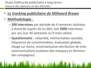 24
Etude d’efficacité publicitaire à long terme
mesure des opinions et des attitudes
• Le tracking publicitaire de Millward Brown
• Méthodologie :
– 200 interviews par période de 4 semaines réalisées
à domicile auprès de la cible, soit 2000 interviews
par ans (sur 40 semaines ou 9 mois utiles)
– Questionnaire : notoriété, mémorisation assistée,
fréquence de consommation, évaluation globale,
image sur items, reconnaissance-attribution de trois
communications (rotation des marques en fonction
des campagnes)
 