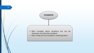 11
Complaints
 Who complain about situations but can be
observant and describe problems
 even if they are not invested in resolving them.
 