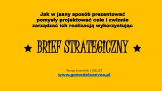  BRIEF STRATEGICZNY 
Jak w jasny sposób prezentować
pomysły projektować cele i zwinnie
zarządzać ich realizacją wykorzystując
Tomasz Krzemiński | XELLECT
www.gomodelcanvas.pl
 