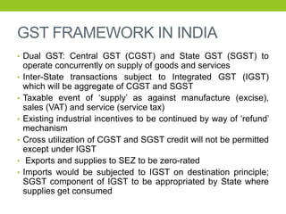 GST FRAMEWORK IN INDIA
• Dual GST: Central GST (CGST) and State GST (SGST) to
operate concurrently on supply of goods and ...