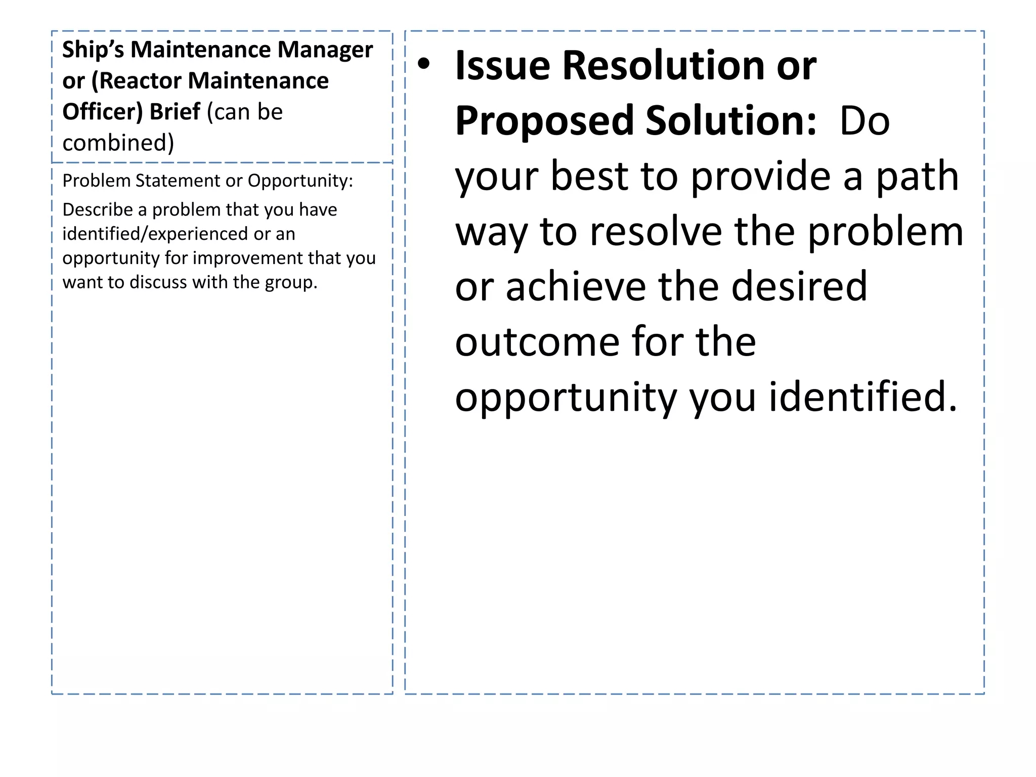 Ship’s Maintenance Manager
or (Reactor Maintenance                • Issue Resolution or
Officer) Brief (can be
combined)
                                         Proposed Solution: Do
Problem Statement or Opportunity:        your best to provide a path
Describe a problem that you have
identified/experienced or an
opportunity for improvement that you
                                         way to resolve the problem
want to discuss with the group.
                                         or achieve the desired
                                         outcome for the
                                         opportunity you identified.
 