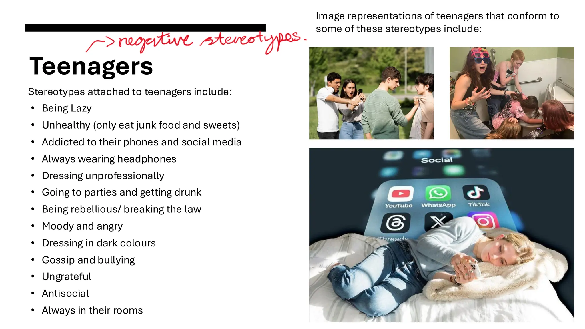Always wearing headphones
Teenagers
Stereotypes attached to teenagers include:
• Being Lazy
• Unhealthy (only eat junk food and sweets)
• Addicted to their phones and social media
• Always wearing headphones
• Dressing unprofessionally
• Going to parties and getting drunk
• Being rebellious/ breaking the law
• Moody and angry
• Dressing in dark colours
• Gossip and bullying
• Ungrateful
• Antisocial
• Always in their rooms
Image representations of teenagers that conform to
some of these stereotypes include:
 