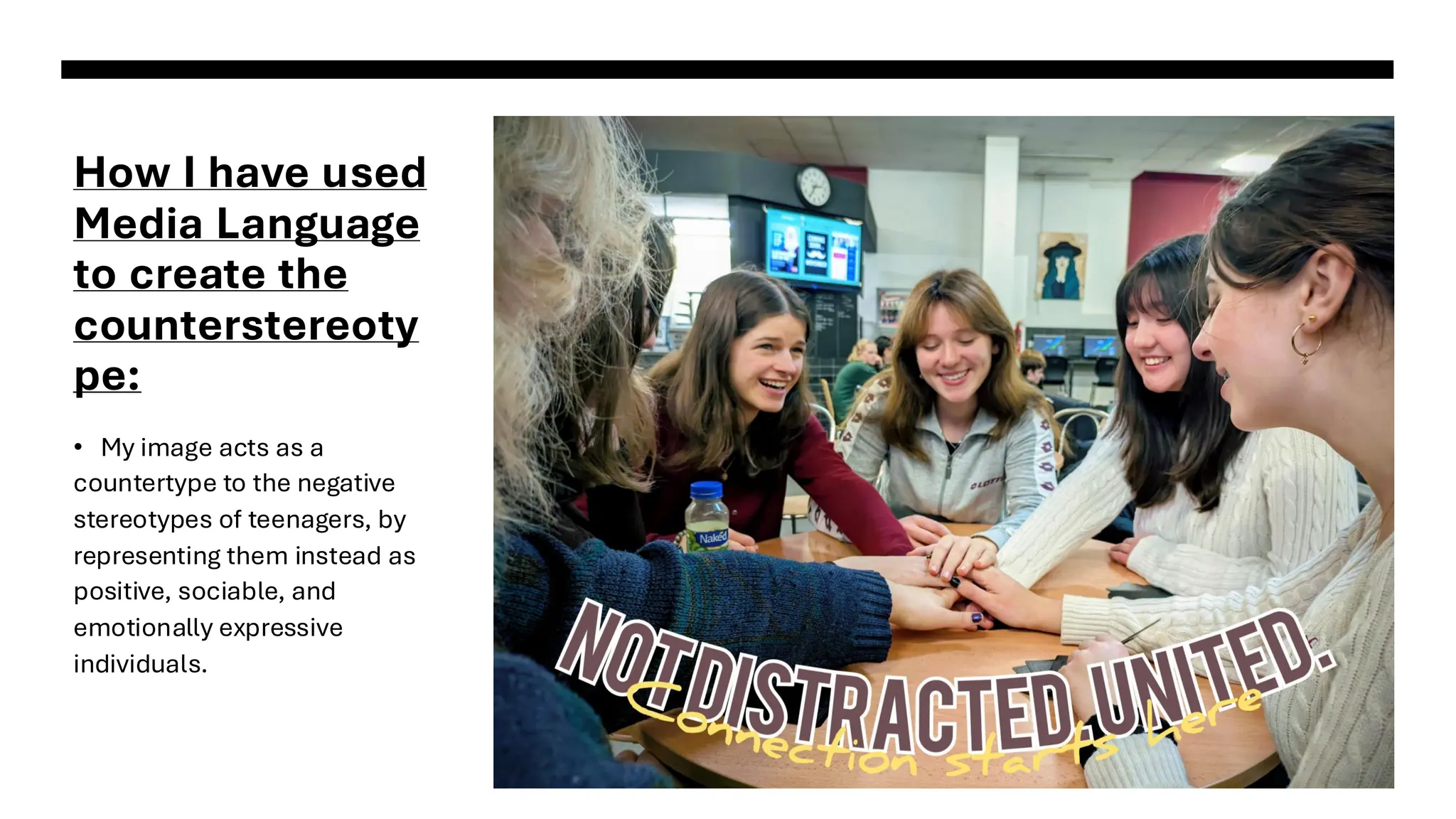 How I have used
Media Language
to create the
counterstereoty
pe:
• My image acts as a
countertype to the negative
stereotypes of teenagers, by
representing them instead as
positive, sociable, and
emotionally expressive
individuals.
 