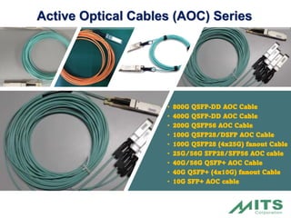 • 800G QSFP-DD AOC Cable
• 400G QSFP-DD AOC Cable
• 200G QSFP56 AOC Cable
• 100G QSFP28/DSFP AOC Cable
• 100G QSFP28 (4x25G) fanout Cable
• 25G/56G SFP28/SFP56 AOC cable
• 40G/56G QSFP+ AOC Cable
• 40G QSFP+ (4x10G) fanout Cable
• 10G SFP+ AOC cable
Active Optical Cables (AOC) Series
 