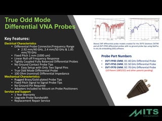 True Odd Mode
Differential VNA Probes
Key Features:
Electrical Characteristics
• Differential Probe Connector/Frequency Range
➢ 2.92 mm/40 GHz, 2.4 mm/50 GHz & 1.85
mm/70 GHz
• Fixed Pitch 1 mm (1000 um)
• Linear Roll-off Frequency Response
• Tightly Coupled Fully Balanced Differential Probes
• No Ground Contact Probe Tips
➢ Easy Setup with Only Two Signal Pins
• True Odd Mode Differential Probe
• 100 Ohm (nominal) Differential Impedance
Mechanical Characteristics:
• Rugged Brass/Gold-plated Probe Tips
• Fixed Pitch Signal to Signal Probe Tips
• No Ground Pin Required
• Adapters Included to Mount on Probe Positioners
Service and Support
• 1 Year Warranty
• Upgrade Probe Bandwidth
• Replacement Repair Service
Probe Part Numbers
• DVT-FP40-1MM, DC-40 GHz Differential Probe
• DVT-FP50-1MM, DC-50 GHz Differential Probe
• DVT-FP70-1MM, DC-70 GHz Differential Probe
(US Patent 10852322 and other patents pending)
 