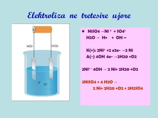 Elektroliza ne tretesire ujore
• NiSO4 Ni→ 2+
+ SO42-
H2O H+ + OH –→
K(+): 2Ni2+
+2 x2e- 2 Ni→
A(−) 4OH 4e- 2H20 +O2→
2Ni2+ +
4OH 2 Ni+ 2H20 +O2→
2NiSO4 + 4 H2O →
2 Ni+ 2H20 +O2 + 2H2SO4
 