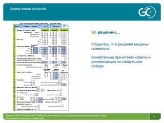Форма ввода решений 66   решений … Убедитесь, что решения введены правильно Внимательно прочитайте советы и рекомендации на следующем слайде Брифинг  Global Management Challenge ( для перехода к следующему или предыдущему слайду используйте стрелки на клавиатуре)  