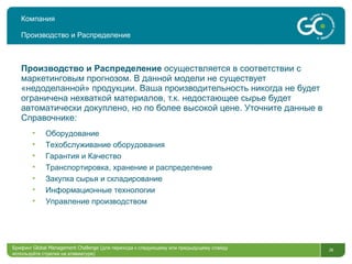 Компания Производство и Распределение Производство и Распределение  осуществляется в соответствии с маркетинговым прогнозом.   В данной модели не существует «недоделанной» продукции. Ваша производительность никогда не будет ограничена нехваткой материалов, т.к. недостающее сырье будет автоматически докуплено, но по более высокой цене. Уточните данные в Справочнике: Оборудование Техобслуживание оборудования   Гарантия и Качество Транспортировка, хранение и распределение Закупка сырья и складирование   Информационные технологии Управление производством Брифинг  Global Management Challenge ( для перехода к следующему или предыдущему слайду используйте стрелки на клавиатуре)  