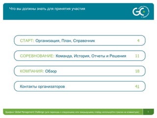 Что вы должны знать для принятия участия Брифинг  Global Management Challenge ( для перехода к следующему или предыдущему слайду используйте стрелки на клавиатуре)  СТАРТ :  Организация, План, Справочник 4 СОРЕВНОВАНИЕ :   Команда, История, Отчеты и Решения 11 КОМПАНИЯ :   Обзор 18 Контакты организаторов 4 1 