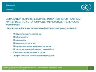 Компания Финансы Брифинг  Global Management Challenge ( для перехода к следующему или предыдущему слайду  используйте стрелки на клавиатуре)  ЦЕНА АКЦИИ ПО РЕЗУЛЬТАТУ ПЕРИОДА ЯВЛЯЕТСЯ ГЛАВНЫМ КРИТЕРИЕМ, ПО КОТОРОМУ ОЦЕНИВАЕТСЯ ДЕЯТЕЛЬНОСТЬ КОМПАНИИ.  На цену акций влияют несколько факторов, которые учитывают: Чистую стоимость компании Прибыльность Ликвидность Дивидендную политику Наличие инновационного потенциала Политика взаимодействия с сетью сбыта Качество планирования продаж Эффективность использования ресурсов 