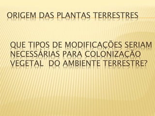 ORIGEM DAS PLANTAS TERRESTRES


QUE TIPOS DE MODIFICAÇÕES SERIAM
NECESSÁRIAS PARA COLONIZAÇÃO
VEGETAL DO AMBIENTE TERRESTRE?
 