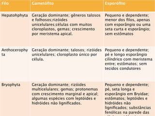 Filo
          Gametóﬁto
                           Esporóﬁto


Hepatohphyta
 Geração dominante; gêneros talosos    Pequeno e dependente;
              e folhosos;rizóides                   menor dos ﬁlos, apenas
              unicelulares;células com muitos       com esporângio ou uma
              cloroplastos, gemas; crescimento      seta curta e esporângio;
              por meristema apical.
                sem estômatos



Anthocerophy   Geração dominante; talosos; rizóides Pequeno e dependente;
ta
            unicelulares; cloroplasto único por  pé e longo esporângio
               célula.
                             cilíndrico com meristema
                                                    entre; estômatos; sem
                                                    tecidos condutores



Bryophyta
     Geração dominante; rizóides          Pequeno e dependente;
               multicelulares; gemas; protonemas    pé, seta longa e
               com crescimento marginal e apical;   esporângio em Bryidae;
               algumas espécies com leptóides e     estômatos; leptóides e
               hidróides não ligniﬁcados.
          hidróides não
                                                    ligniﬁcados; substâncias
                                                    fenólicas na parede das
 