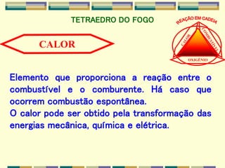 Elemento que proporciona a reação entre o
combustível e o comburente. Há caso que
ocorrem combustão espontânea.
O calor pode ser obtido pela transformação das
energias mecânica, química e elétrica.
OXIGÊNIO
TETRAEDRO DO FOGO
 