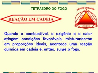 Quando o combustível, o oxigênio e o calor
atingem condições favoráveis, misturando-se
em proporções ideais, acontece uma reação
química em cadeia e, então, surge o fogo.
OXIGÊNIO
TETRAEDRO DO FOGO
 